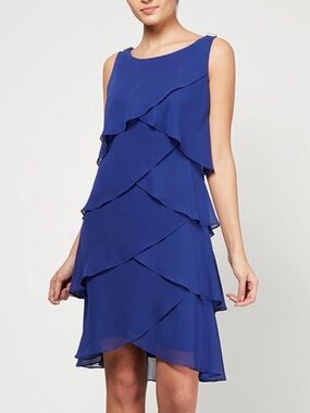 🆕🫐SLNY Blue Layered Chiffon Dress Size 6 Ruffle Cocktail Party Wedding Guest